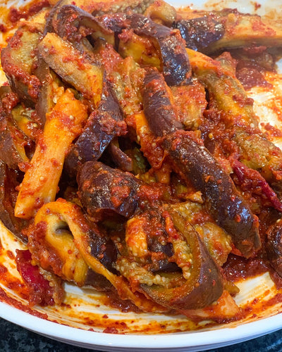 A plate with Kangwondo spicy aubergine
